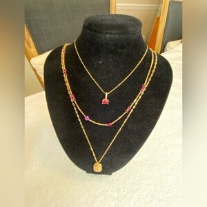 Anthro 3 Necklace Set Gold with Pink Accents